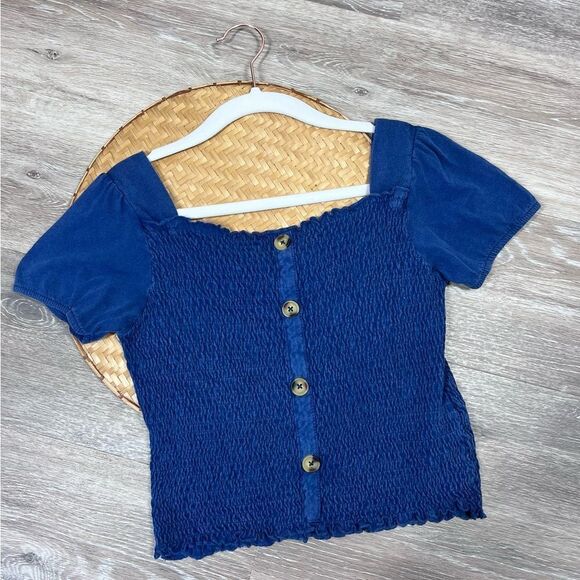 Nwt zara Blue smocked button‎ front blouse - Picture 1 of 3